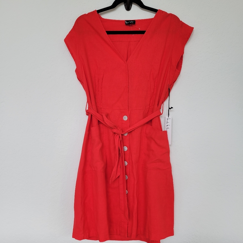 Nicole Miller | NWT Linen Blend Button Up Mini Dress Red Size M